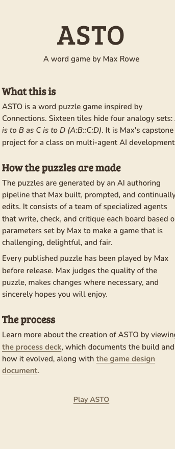 The About page: the ASTO wordmark, then sections headed What this is, How the puzzles are made, and The process, stating that the puzzles are generated by an AI pipeline and that every published puzzle has been played and approved by Max.