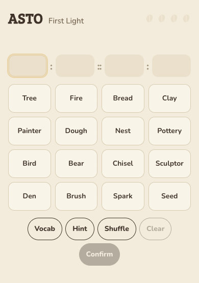 The ASTO board: sixteen cream word tiles in a 4 by 4 grid on a warm background, with an empty analogy frame above.