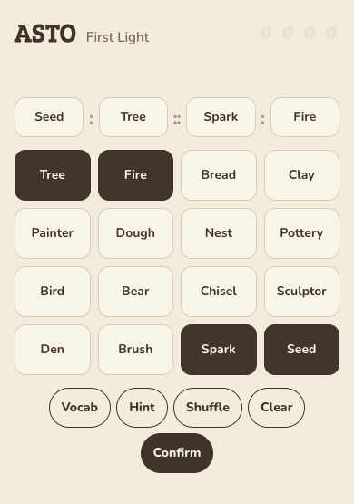 The board with four tiles selected and the frame reading Seed : Tree :: Spark : Fire, with the Confirm button now active.